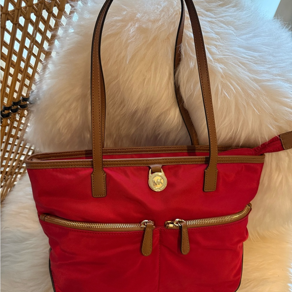 Michael Kors NWOT Kempton Med Red Nylon Tote with Tan Leather Accents